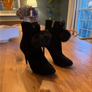 MICHAEL Michael Kors Black Heeled Boots with Pom Poms